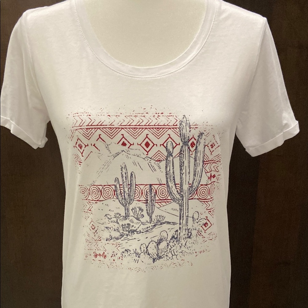 Sale 2/$10* White Graphic T-Shirt with Cactus Design in red and blue, size S